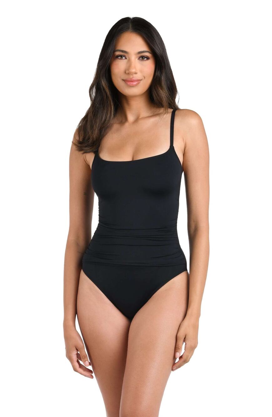 La Blanca Island Goddess Black Lingerie Ruched One Piece Swimsuit Size 10